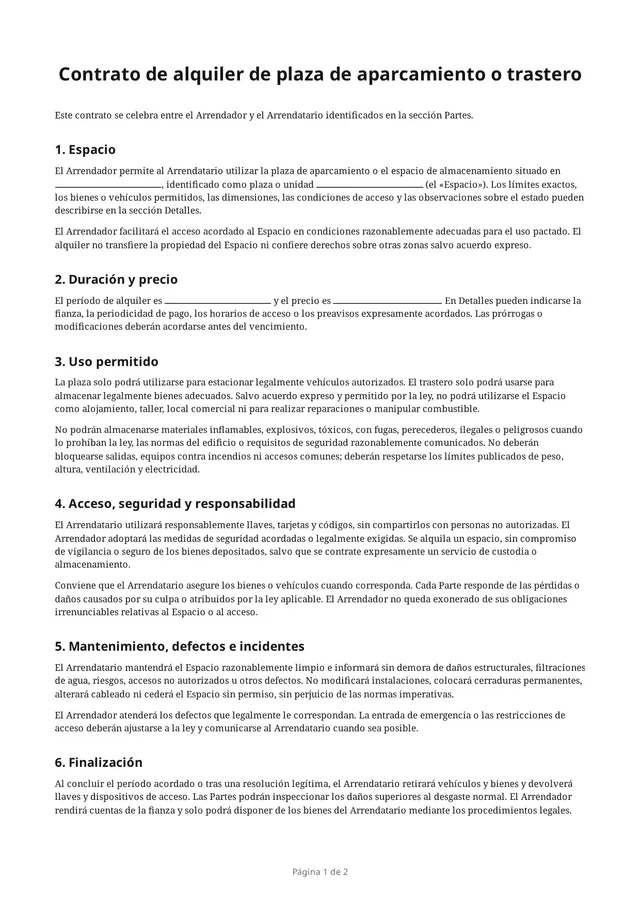 Primera página del PDF en blanco «Contrato de alquiler de plaza de aparcamiento o trastero»