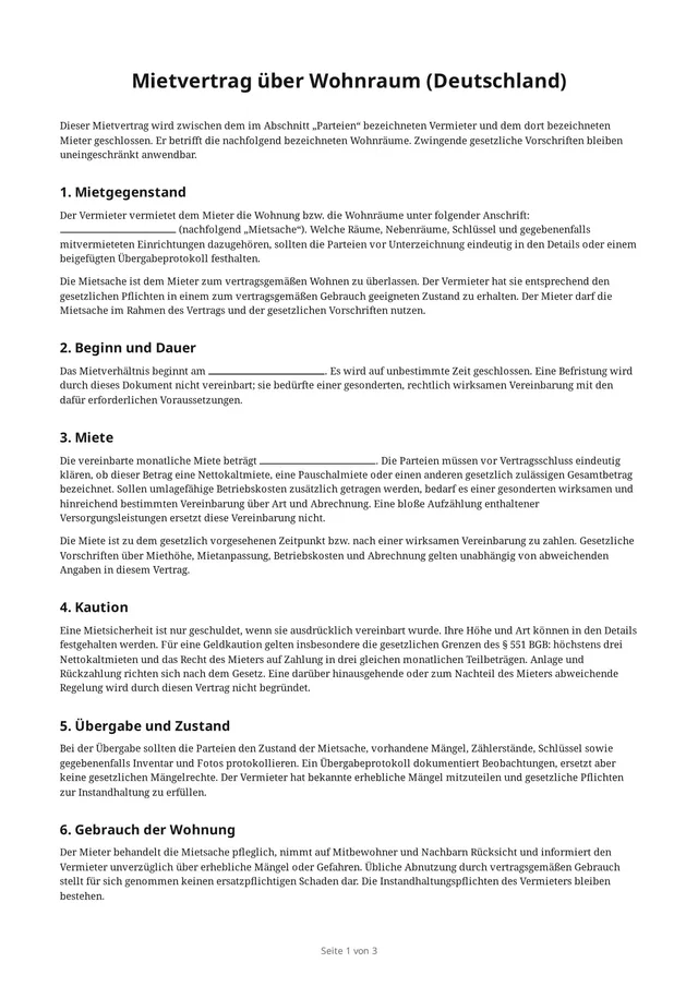 Erste Seite des leeren PDFs „Mietvertrag über Wohnraum (Deutschland)“