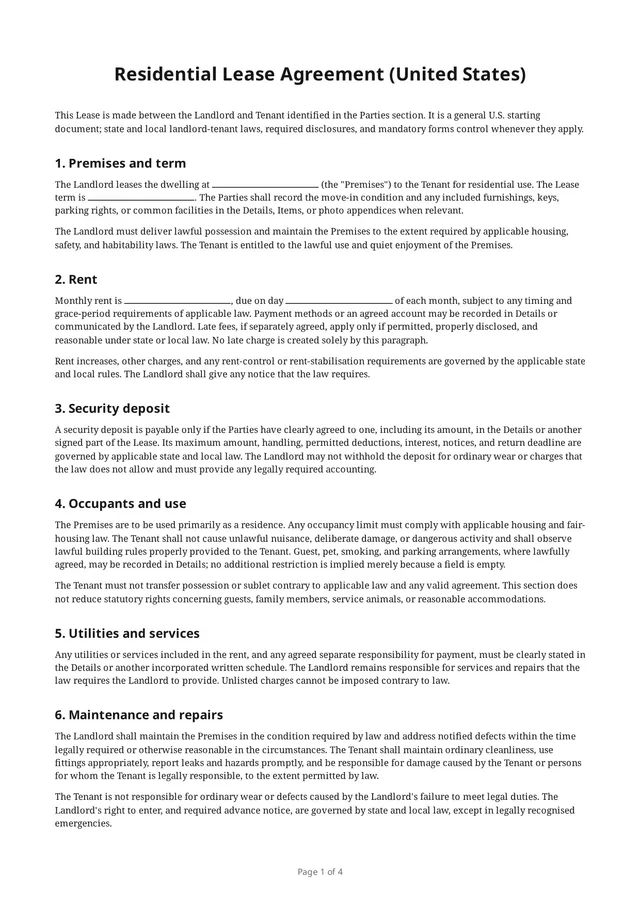 First page of the blank PDF “Residential Lease Agreement (United States)”