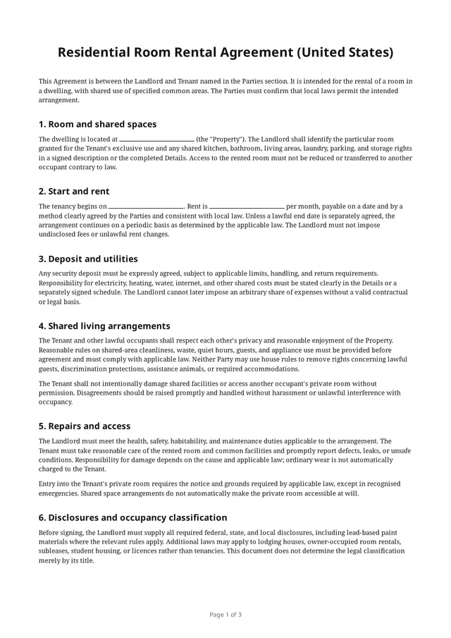 Erste Seite des leeren PDFs „Residential Room Rental Agreement (United States)“