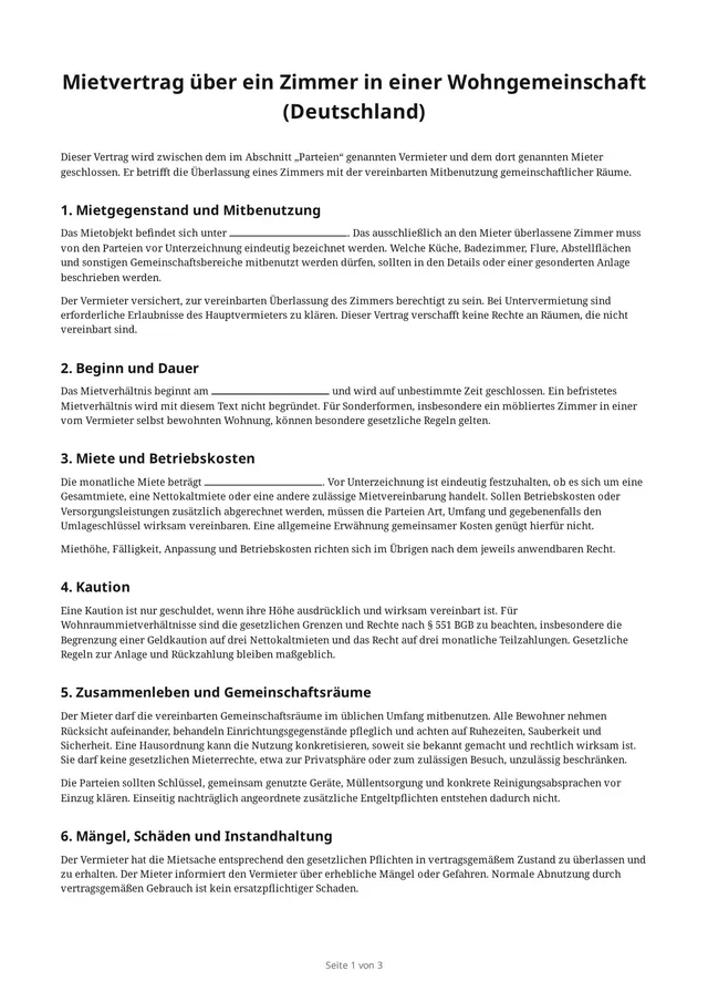 Erste Seite des leeren PDFs „Mietvertrag über ein Zimmer in einer Wohngemeinschaft (Deutschland)“