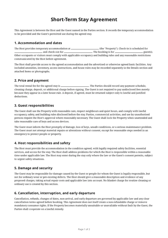 First page of the blank PDF “Short-Term Stay Agreement”