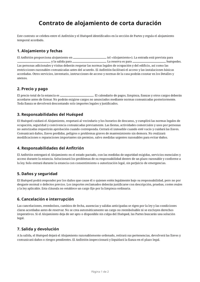 Primera página del PDF en blanco «Contrato de alojamiento de corta duración»