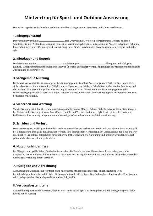 Erste Seite des leeren PDFs „Mietvertrag für Sport- und Outdoor-Ausrüstung“