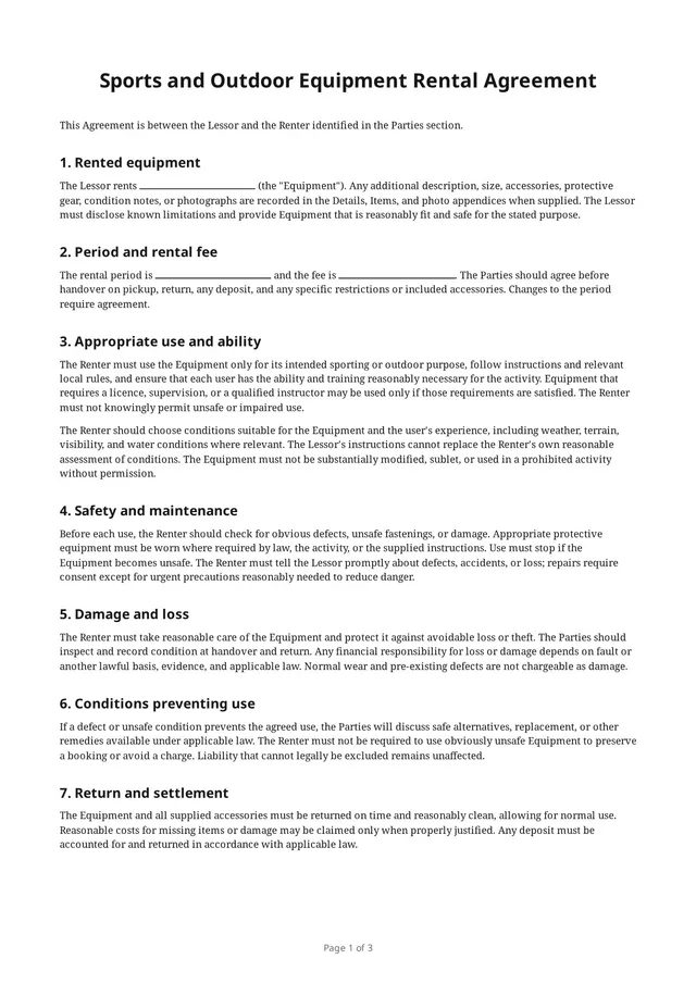 First page of the blank PDF “Sports and Outdoor Equipment Rental Agreement”