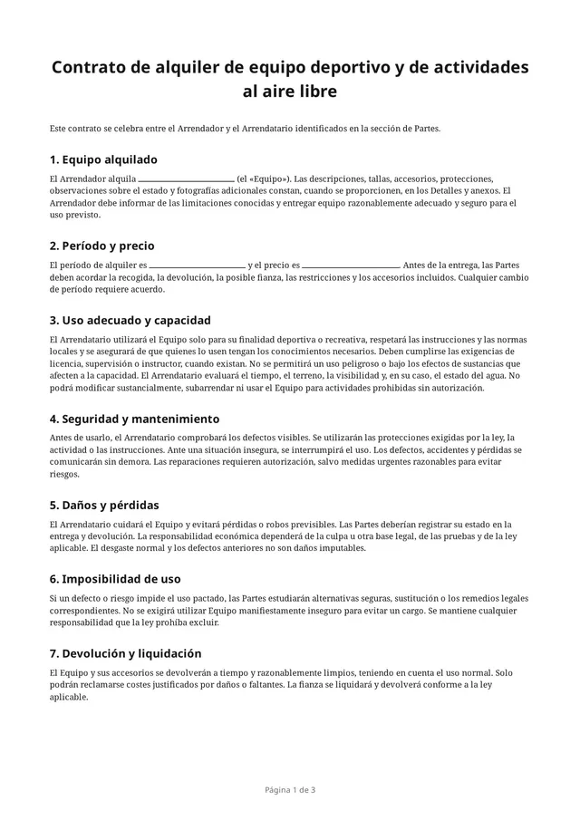 Primera página del PDF en blanco «Contrato de alquiler de equipo deportivo y de actividades al aire libre»