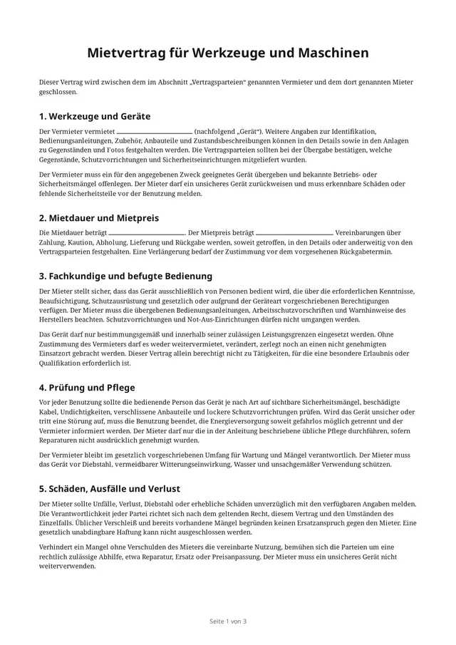 Erste Seite des leeren PDFs „Mietvertrag für Werkzeuge und Maschinen“
