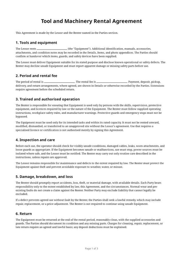 First page of the blank PDF “Tool and Machinery Rental Agreement”