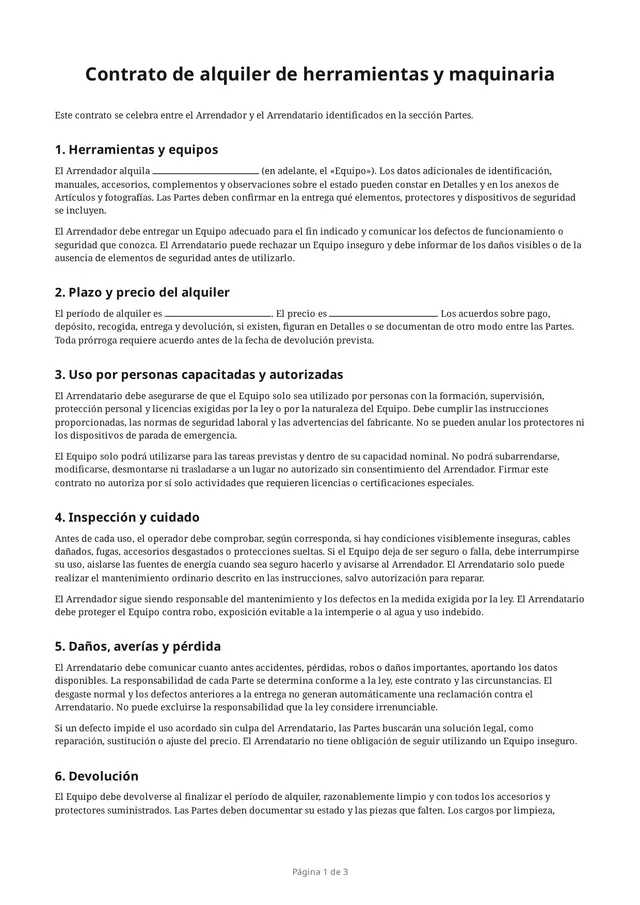 Primera página del PDF en blanco «Contrato de alquiler de herramientas y maquinaria»