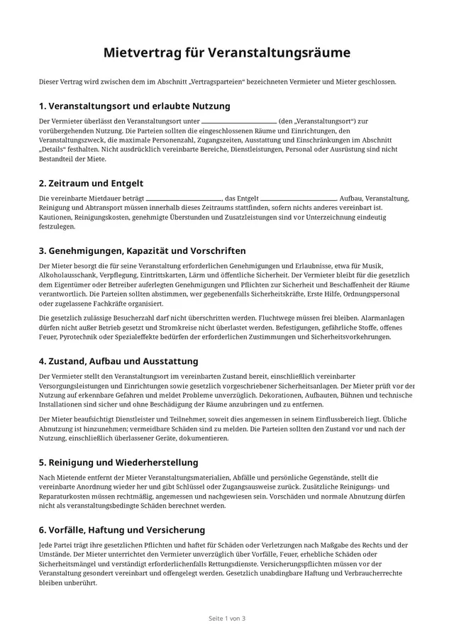 Erste Seite des leeren PDFs „Mietvertrag für Veranstaltungsräume“