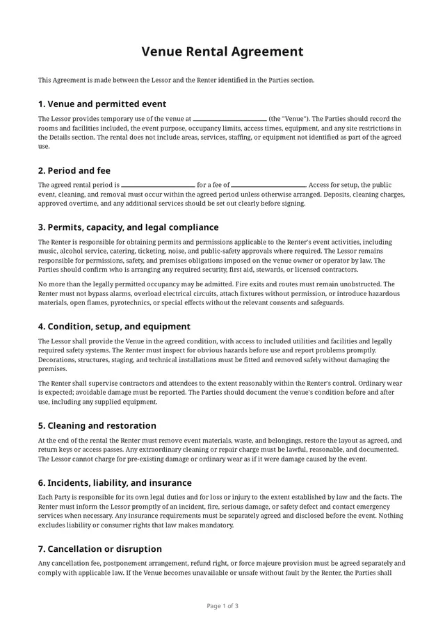 First page of the blank PDF “Venue Rental Agreement”