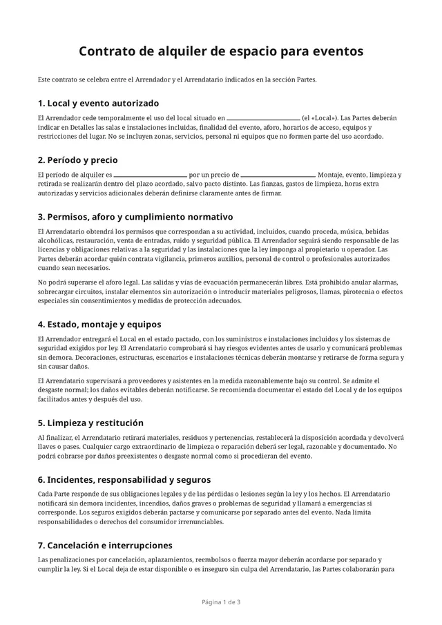 Primera página del PDF en blanco «Contrato de alquiler de espacio para eventos»